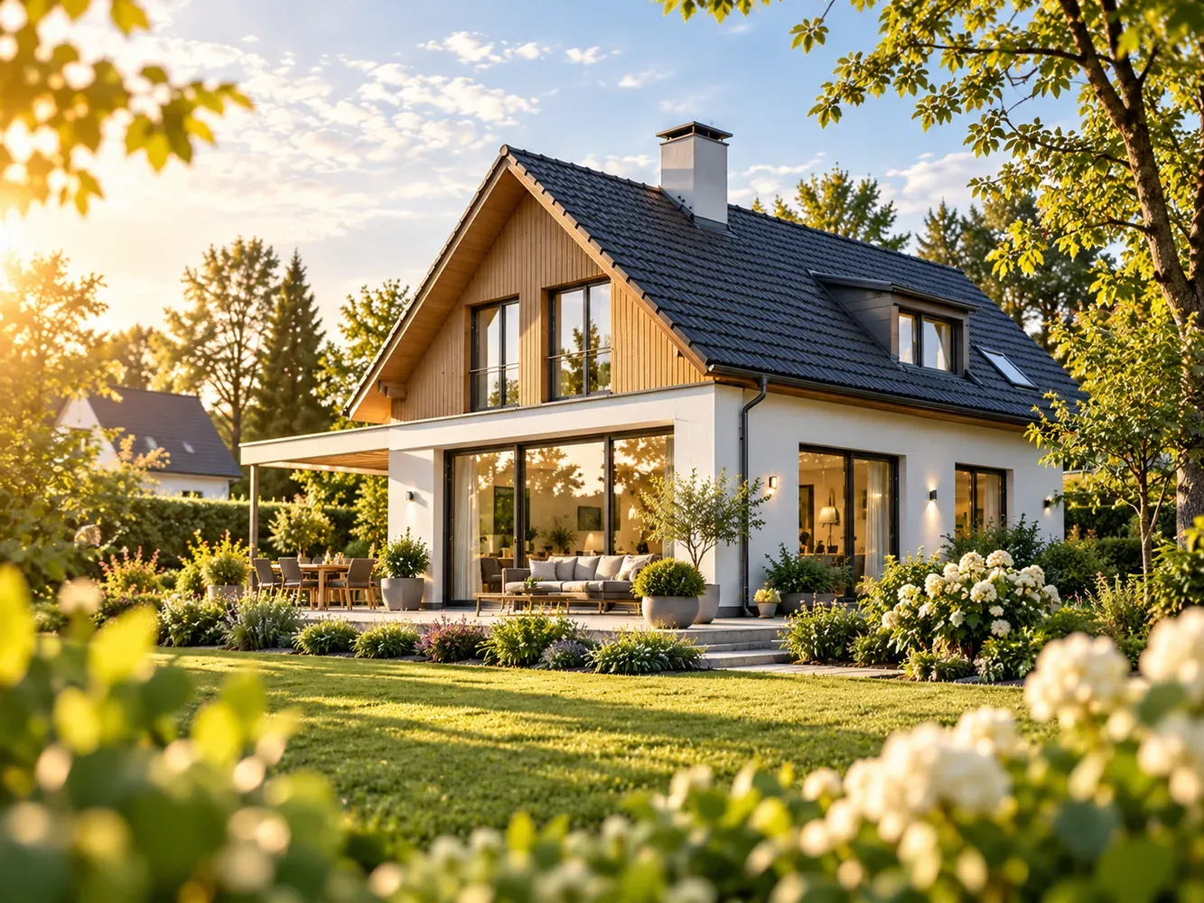 Beispielhaftes Wohnhaus im Grünen als Motiv für den Baufinanzierungsvergleich