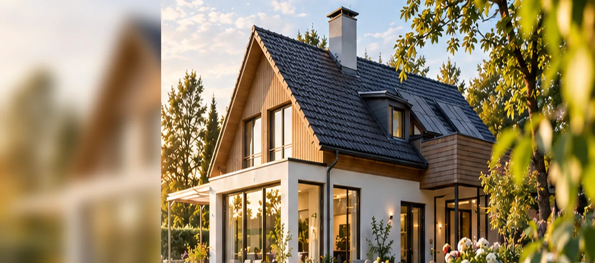 Illustratives Einfamilienhaus mit Holzfassade, Garten und Terrasse im warmen Abendlicht