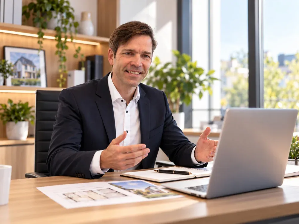 Jens Laskowski im Beratungsgespräch am Schreibtisch