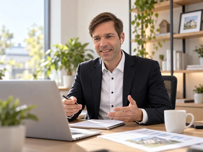 Jens Laskowski am Schreibtisch bei der persönlichen Finanzierungsberatung