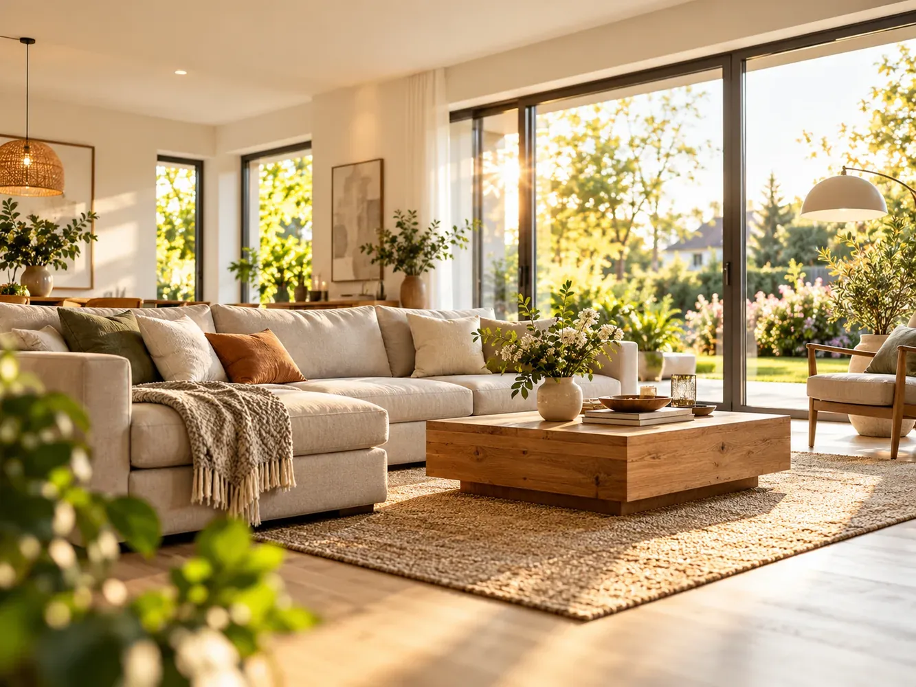 Heller modernisierter Wohnbereich mit Gartenblick und Holzmöbeln