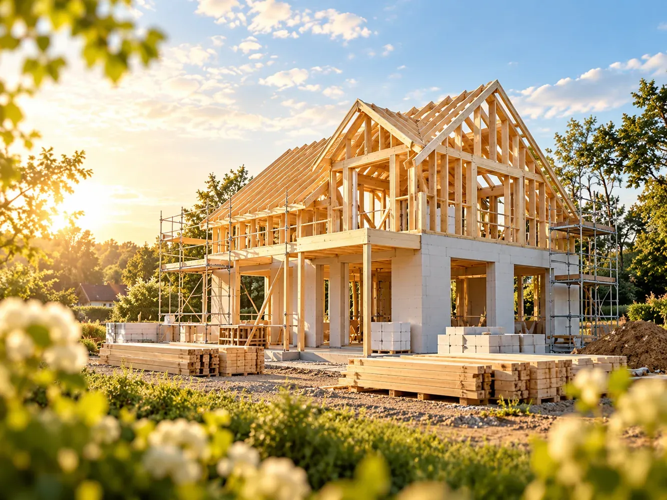 Holztragwerk eines Einfamilienhauses im Bau bei Abendsonne
