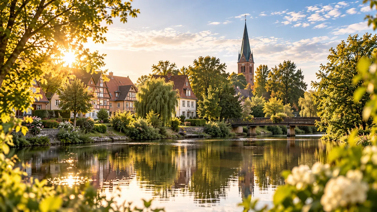 Illustrative norddeutsche Kleinstadtlandschaft mit Fachwerkhäusern und Fluss im Abendlicht